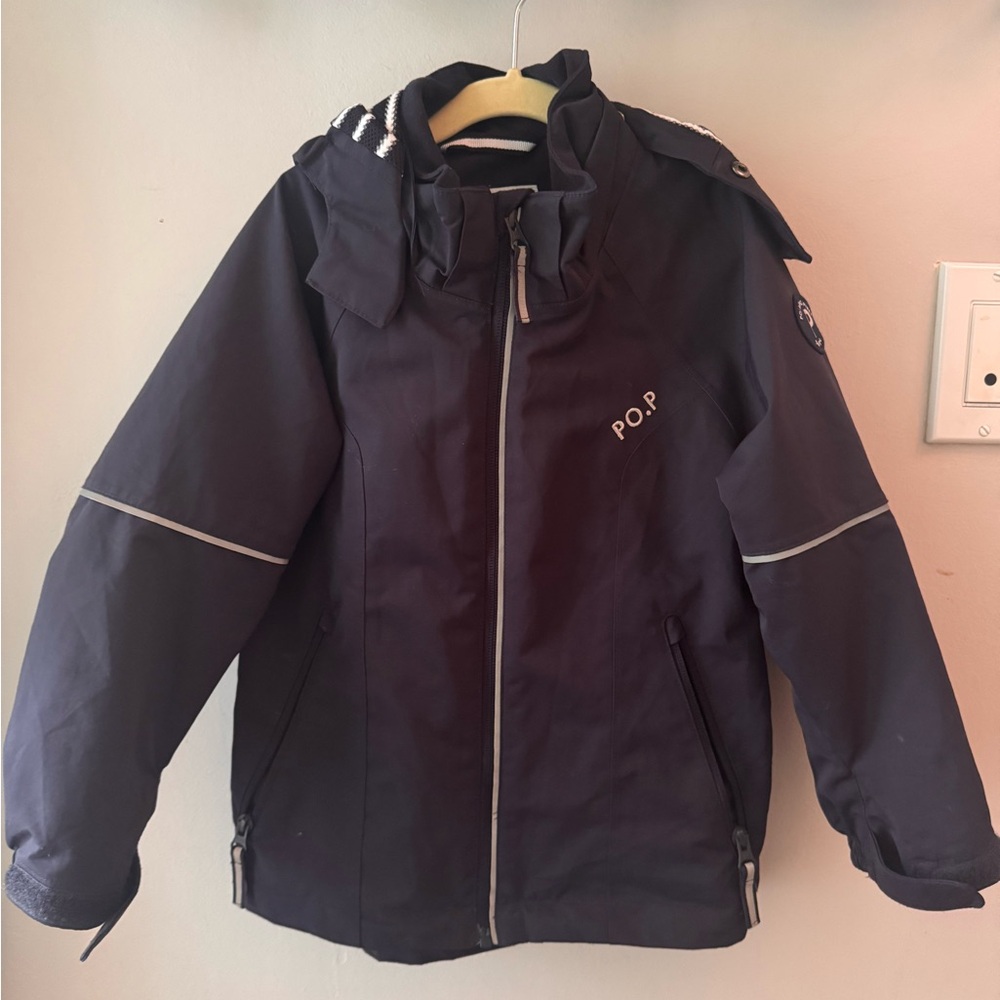 Polarn O. Pyret Blue Raincoat Reflective Trim Structured Collar